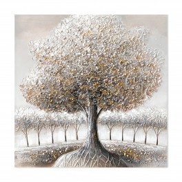 Tableau peint, Grand arbre de vie au feuillage intense, effet matière et tons clairs, 100 x 100 cm