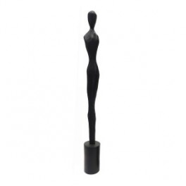 Grande statue Femme design noire à la silhouette longiligne sur socle, composition bois et hauteur 90 cm