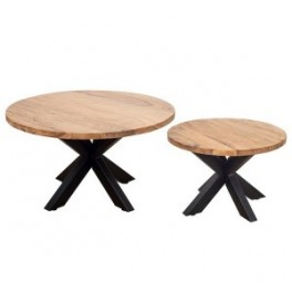 Set 2 tables basses bois et métal, plateaux 78 et 57 cm , bois massif d'acacia, piètement acier, H 80 x L 120 x P 35 cm