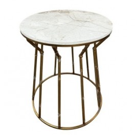 Table d'appoint, bout de canapé, sellette en métal, plateau en bois blanc motif marbré, diamètre 49 cm et hauteur 55 cm