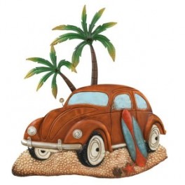 Déco murale voiture coccinelle vintage, planche de surf et palmiers, Peace and Love, longueur 93 cm