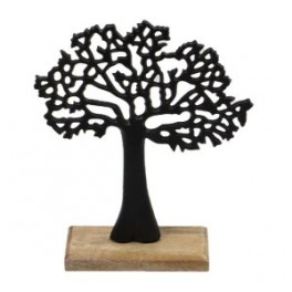 Statue Arbre de vie en aluminium sur socle en bois clair veiné, hauteur 35 cm