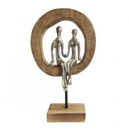 Statue 2 personnages design, Couple Homme et Femme, aluminium et bois de manguier veiné élégant, H 39 cm