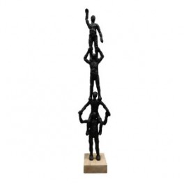 Statue contemporaine, Famille Couple 2 enfants superposés, aluminium noir et bois clair veiné, hauteur 68 cm