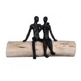 Statue 2 Personnages noirs sur un socle stylisé en bois veiné, longueur 31 cm