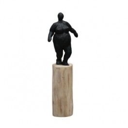 Statue Femme ronde design noire sur socle cylindre en bois veiné, hauteur 42 cm