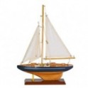 Voilier en bois sur socle, type bateau de navigation ancien avec coque en bois, cordage, bleu et marron, H 35 cm