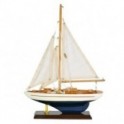 Voilier en bois sur socle, type bateau de navigation ancien avec coque en bois, cordage, bleu et marron, H 35 cm