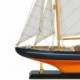 Voilier en bois sur socle, type bateau de navigation ancien avec coque en bois, cordage, bleu et orange, H 43 cm