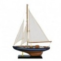 Voilier en bois sur socle, type bateau de navigation ancien avec coque en bois, cordage, bleu et marron, H 43 cm