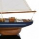 Voilier en bois sur socle, type bateau de navigation ancien avec coque en bois, cordage, bleu et marron, H 43 cm