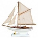 Voilier en bois sur socle, type bateau de navigation ancien avec coque en bois, cordage, blanc et marron, L 32 cm