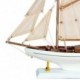 Voilier en bois sur socle, type bateau de navigation ancien avec coque en bois, cordage, blanc et marron, L 32 cm