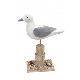 Déco Marine : Mouette sur Socle, Aspect Bois vieiili, Corde et gravillons, H 25 cm