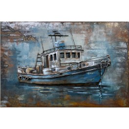 Tableau sur Métal 3D : Le bateau de pêche vintage, Gris et Bleu, L 90 cm