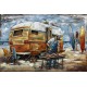 Tableau Métal 3D : Caravane et camping au bord de l'océan, L 120 cm