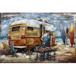 Tableau Métal 3D : Caravane et camping au bord de l'océan, L 120 cm